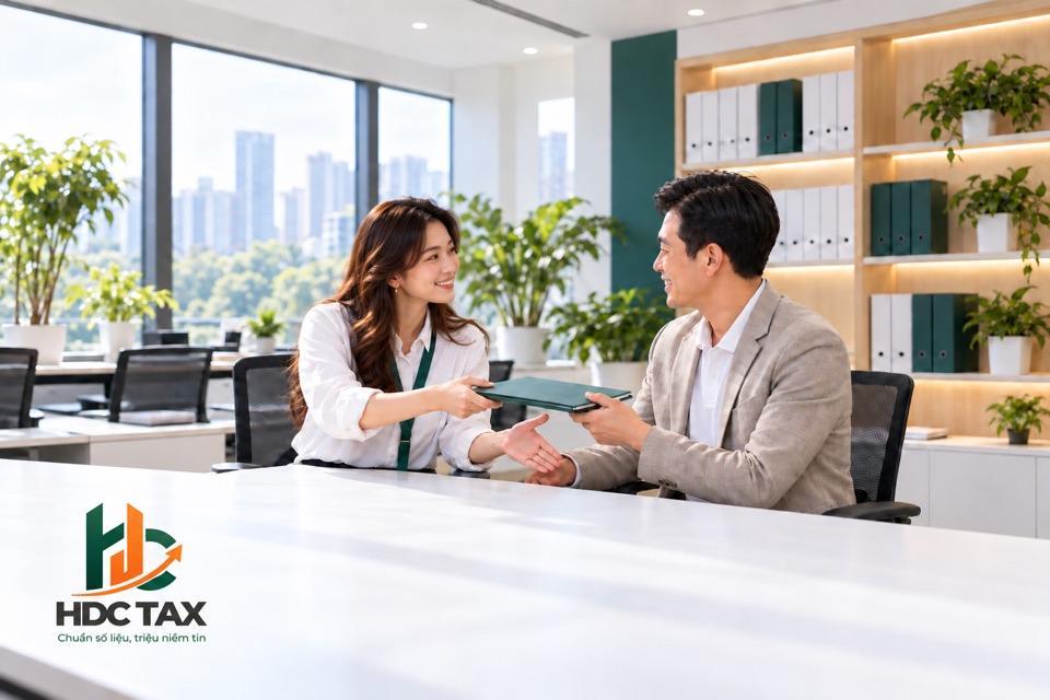 Chuyên viên HDCTax bàn giao hồ sơ kế toán cho chủ doanh nghiệp